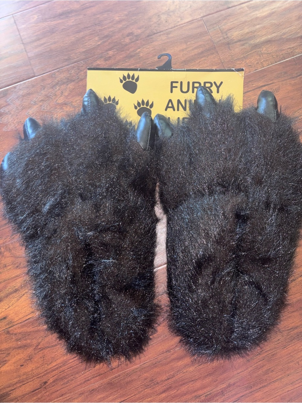 Black Furry Bear Paw Animal Slippers Size Large Halloween Costume